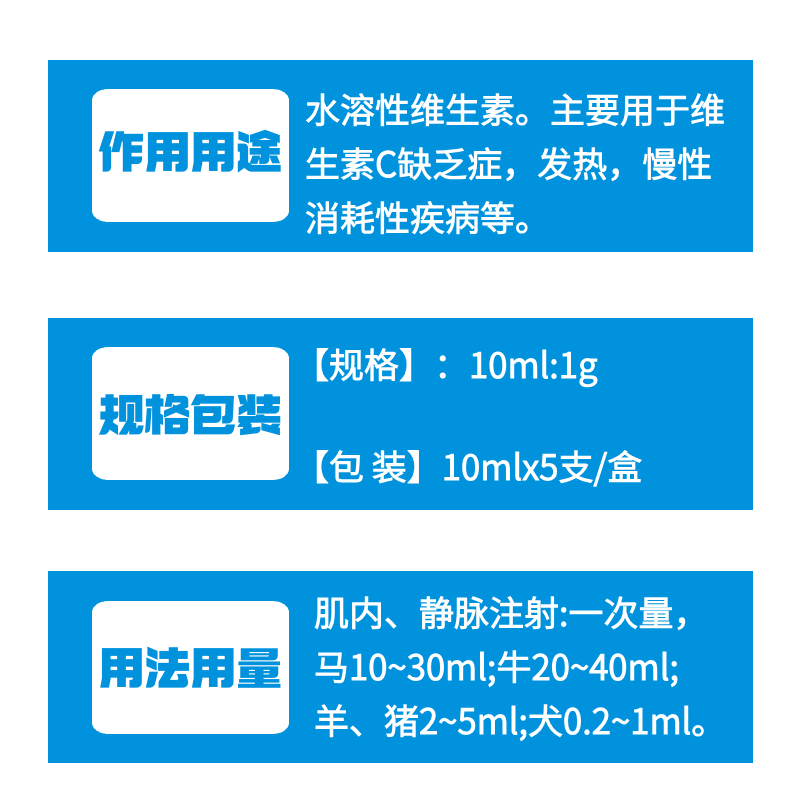 【牧之晨】維生素C注射液 10ml*5支/盒 獸用 主要用于維生素C缺乏癥，發熱，慢性消耗性疾病