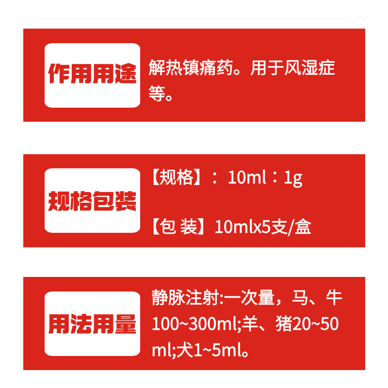 【牧之晨】10%水楊酸鈉注射液10ml*5支/盒 解熱鎮痛 用于風濕癥等 獸用