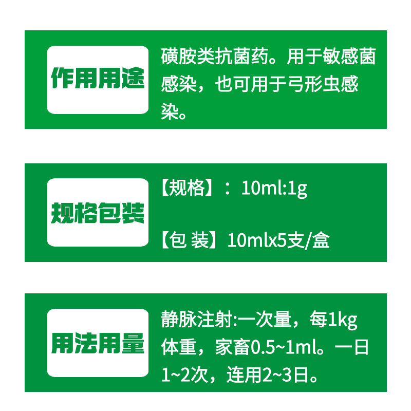 【牧之晨】10%磺胺嘧啶鈉注射液10ml*5支/盒 磺胺類抗菌藥 用于敏感菌感染，也可用于弓形蟲感染