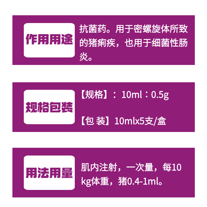【牧之晨】乙酰甲喹注射液獸用10ml*5支/盒抗菌藥 用于密螺旋體所致的痢疾 ，細菌性腸炎