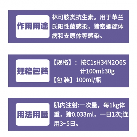 【牧之晨】30%鹽酸林可霉素注射液 獸用 用于革蘭氏陽性菌感染，豬密螺旋體和支原體感染