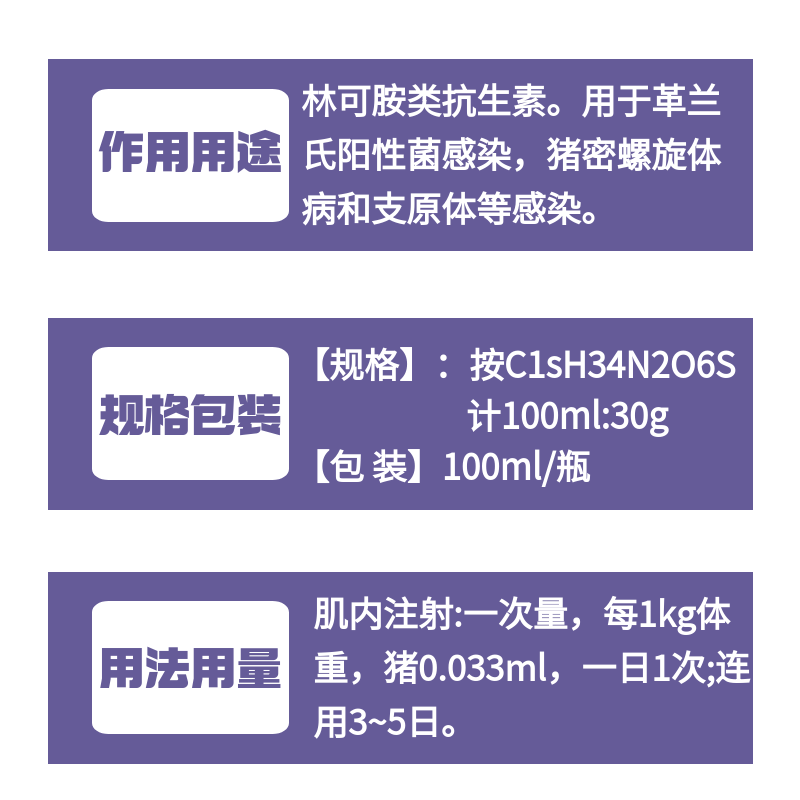 【牧之晨】30%鹽酸林可霉素注射液 獸用 用于革蘭氏陽性菌感染，豬密螺旋體和支原體感染