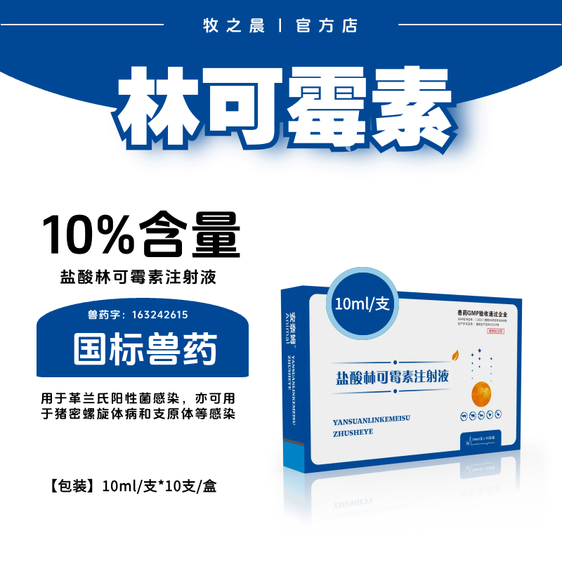 【牧之晨】10%鹽酸林可霉素注射液10ml*10支/盒 用于革蘭氏陽性菌感染，豬密螺旋體和支原體感染