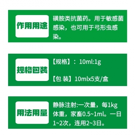 【鼎合牧高】10%磺胺嘧啶鈉注射液10ml*5支/盒 磺胺類抗菌藥 用于敏感菌感染也可用于弓形蟲感染